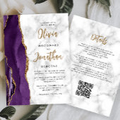 Paarse Gouden Marmer Agaat Script QR Code Bruiloft Kaart