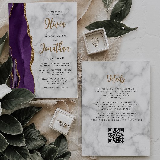 Paarse Gouden Marmer Agaat Script QR Code Bruiloft Kaart