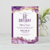 Paarse gouden marmeren 60e verjaardag uitnodiging (Staand voorkant)
