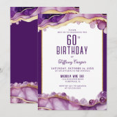 Paarse gouden marmeren 60e verjaardag uitnodiging (Voorkant / Achterkant)
