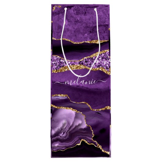Paarse Gouden Marmeren Aangepaste Jouw naam Wijn G Wijn Cadeautas (Achterkant)