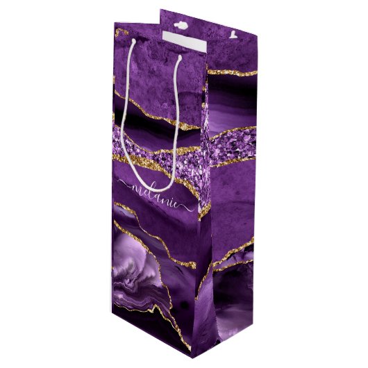 Paarse Gouden Marmeren Aangepaste Jouw naam Wijn G Wijn Cadeautas (Voorkant Gekanteld)