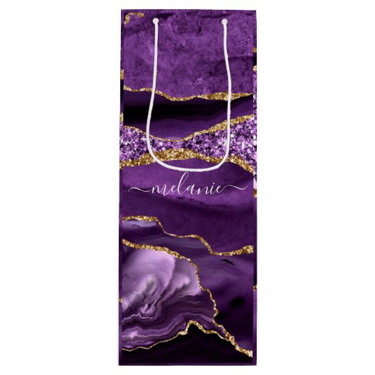 Paarse Gouden Marmeren Aangepaste Jouw naam Wijn G Wijn Cadeautas (Voorkant)