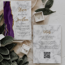 Paarse Gouden Marmeren Agaat Script QR Code Weddin Kaart