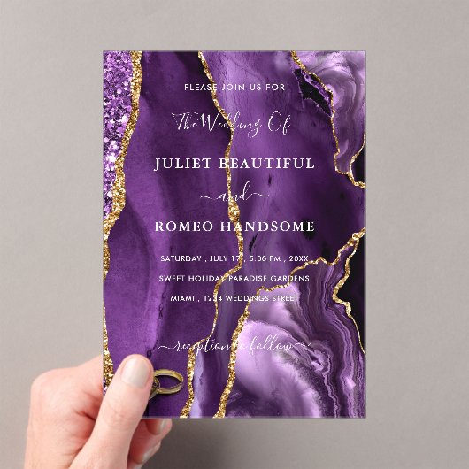 Paarse gouden marmeren bruiloft uitnodiging met ri (Insitu (Draagbaar))