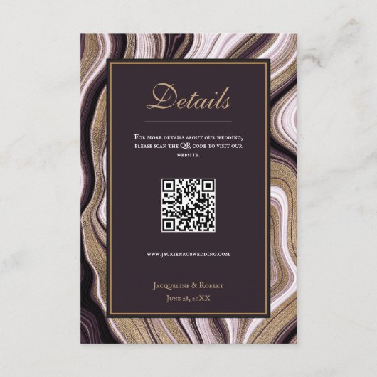 Paarse & Gouden Marmeren QRCode Wedding Enclosure  Informatiekaartje (Voorkant)