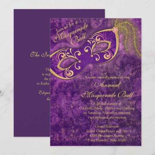 Paarse Gouden Maskerade Ball Mardi Gras Party Kaart (Voorkant / Achterkant)