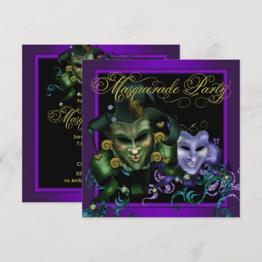 Paarse gouden maskerade feestuitnodigingen kaart (Voorkant / Achterkant)