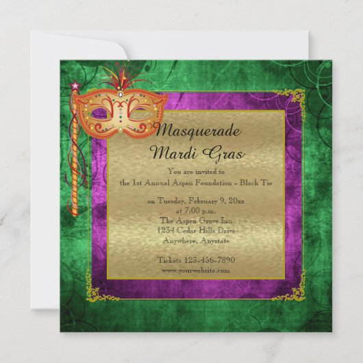 Paarse gouden maskerade Mardi Gras Ball Invitation Kaart (Voorkant)