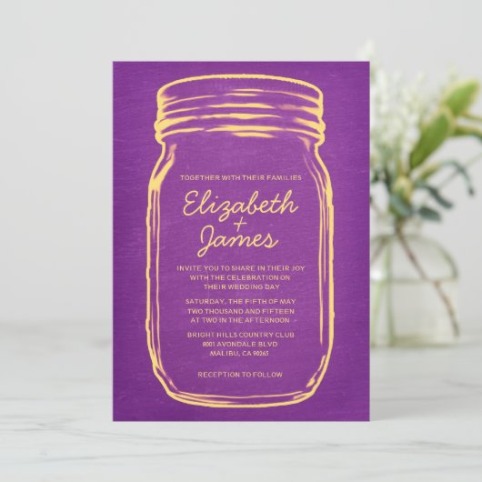 Paarse gouden  Mason Jar Wedding Invitations Kaart (Staand voorkant)