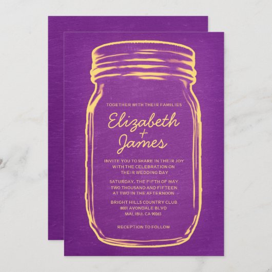 Paarse gouden  Mason Jar Wedding Invitations Kaart (Voorkant / Achterkant)