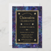 Paarse & Gouden Midnight Crystal Galaxy Quinceaner Kaart (Voorkant)