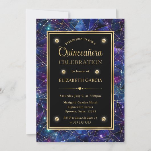 Paarse & Gouden Midnight Crystal Galaxy Quinceaner Kaart (Voorkant)