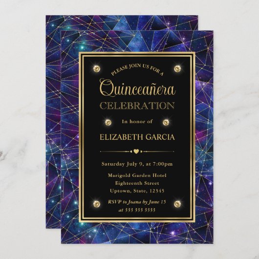 Paarse & Gouden Midnight Crystal Galaxy Quinceaner Kaart (Voorkant / Achterkant)