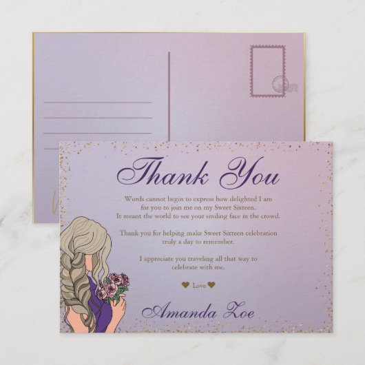 Paarse Gouden Mis Quince Bedankbrief Save The Date (Voorkant / Achterkant)