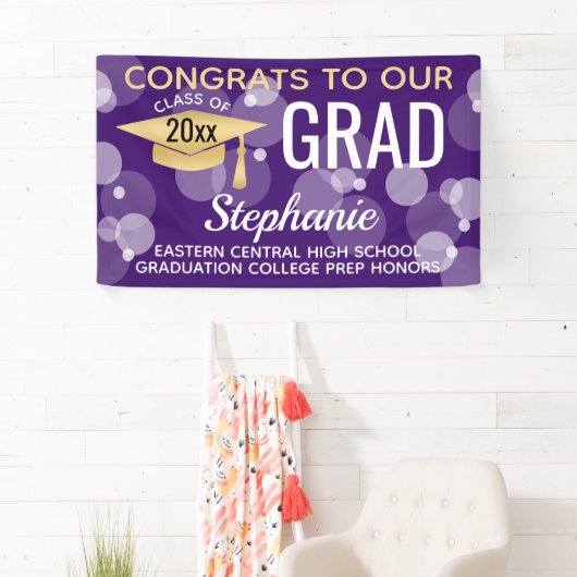 Paarse Gouden Moderne Bubble Gefeliciteerd Afstude Spandoek (Insitu)