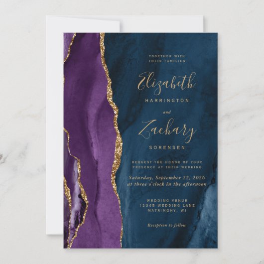 Paarse gouden Navy Blue Agate bruiloft Kaart (Voorkant)
