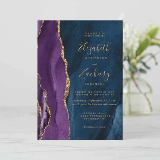 Paarse gouden Navy Blue Agate bruiloft Kaart (Staand voorkant)