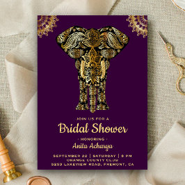 Paarse Gouden Olifant Indiase Bruidsdouche Uitnodi Kaart