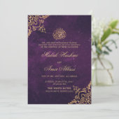 Paarse, gouden oosterse motief islamitische bruilo kaart (Staand voorkant)