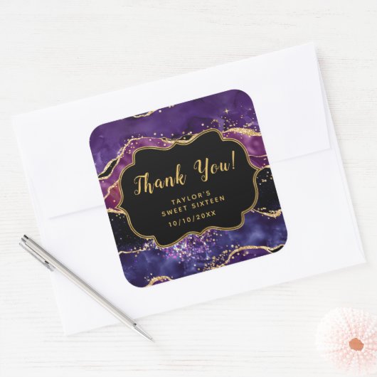 Paarse gouden pailletten agaat lief zestien dank u vierkante sticker (Envelop)