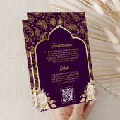 Paarse Gouden Paisley Bloemen QR Code Indiase brui