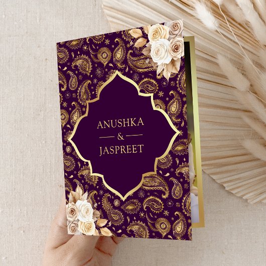 Paarse Gouden Paisley Bloemen QR Code Indiase brui