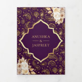 Paarse Gouden Paisley Bloemen QR Code Indiase brui Drieluik Uitnodiging (Cover)