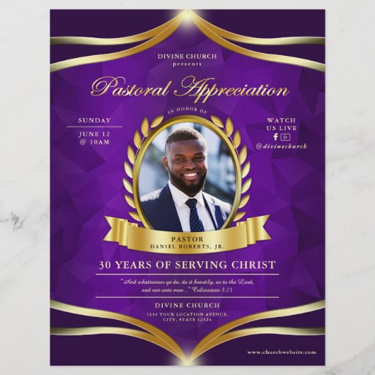 Paarse Gouden Pastorale Appreciation Church Servic Flyer (Voorkant)