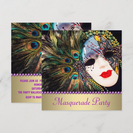 Paarse Gouden Pauw Veer Masker Maskerade Party Kaart (Voorkant / Achterkant)