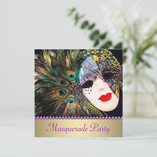 Paarse Gouden Pauw Veer Masker Maskerade Party Kaart (Staand voorkant)