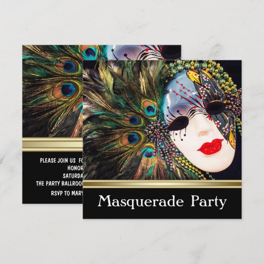 Paarse Gouden Pauw Veer Masker Maskerade Party Kaart (Voorkant / Achterkant)