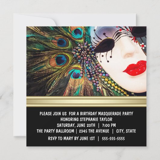 Paarse Gouden Pauw Veer Masker Maskerade Party Kaart (Achterkant)