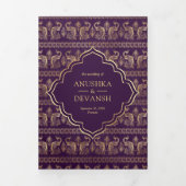 Paarse gouden pauwenpatroon bloemenindiaanse bruil drieluik uitnodiging (Cover)