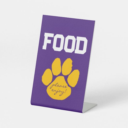 Paarse & Gouden Pawprint Food Table Afstuderen Reclamebord Met Voetstuk (Voorkant)