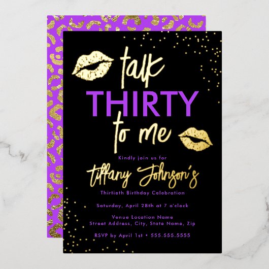 Paarse gouden praatje dertig tegen me luipaard 30e folie uitnodiging (Voorkant / Achterkant)