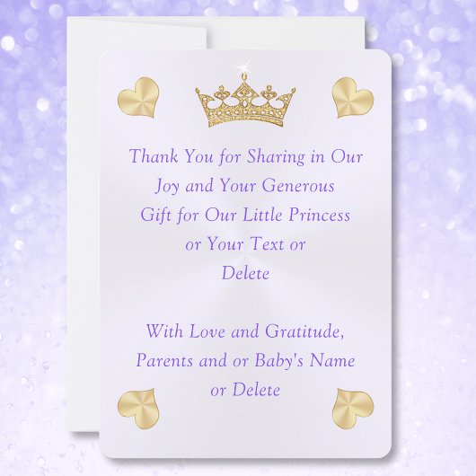Paarse gouden prinses Baby shower dank u kaarten