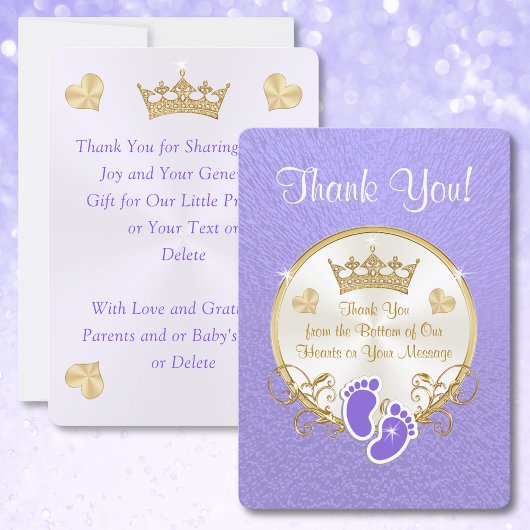 Paarse gouden prinses Baby shower dank u kaarten