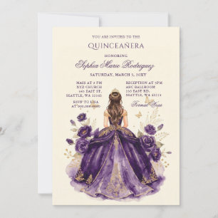 Paarse Gouden Prinses Bloemenkroon Quinceañera Kaart