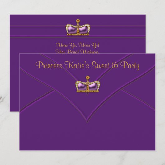 Paarse Gouden Prinses Kroon Sweet 16 Party Kaart (Voorkant / Achterkant)