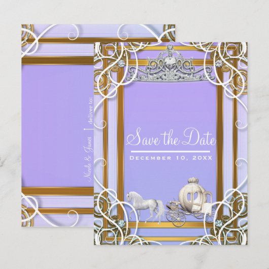 Paarse gouden prinses kroonwagen Save the Date Aankondigingskaart (Voorkant / Achterkant)