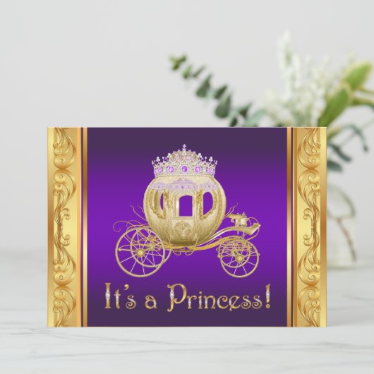 Paarse Gouden Prinses Meisje Baby Douche Uitnodigi Kaart (Staand voorkant)