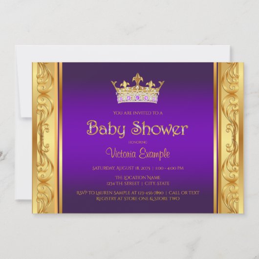 Paarse Gouden Prinses Meisje Baby Douche Uitnodigi Kaart (Achterkant)