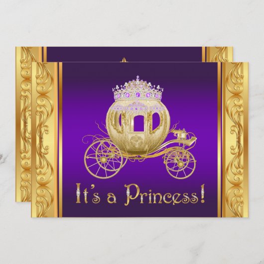 Paarse Gouden Prinses Meisje Baby Douche Uitnodigi Kaart (Voorkant / Achterkant)