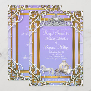 Paarse & Gouden Prinsessen Kroon Koets Sweet 16 Kaart
