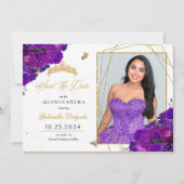 Paarse & gouden quinceañera bewaar de datum foto kaart (Voorkant)