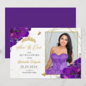 Paarse & gouden quinceañera bewaar de datum foto kaart (Voorkant / Achterkant)