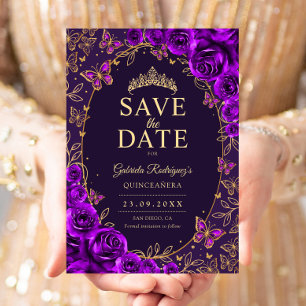 Paarse Gouden Quinceanera Bloemen Save The Date