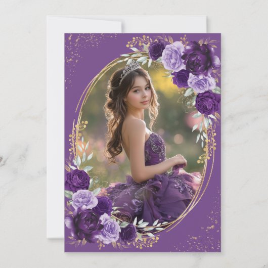 Paarse gouden Quinceañera Flower Butterfly Foto Kaart (Achterkant)