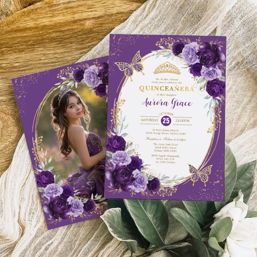 Paarse gouden Quinceañera Flower Butterfly Foto Kaart